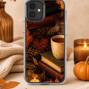 Mysigt pumpabokstack genomskinligt telefonskal, höstläsning iPhone Samsung Galaxy-skal