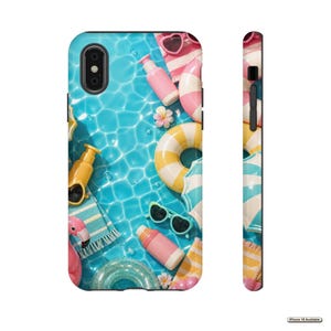 May include: A phone case featuring a vibrant swimming pool water pattern with scattered summer accessories including a pink flamingo float, yellow and white striped inner tubes, pink sunscreen bottles, heart-shaped sunglasses, and striped towels.