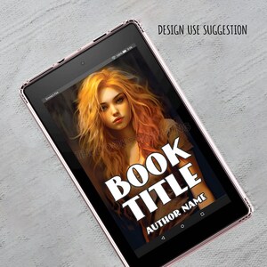 May include: A digital book cover mockup on a tablet with a woman with long, flowing blonde hair on the cover. The text on the cover reads "BOOK TITLE" and "AUTHOR NAME".