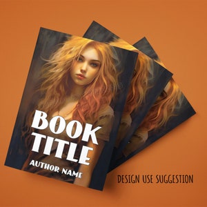 May include: A book cover mockup with a woman with long, flowing blonde hair. The cover is dark with a white title that reads "BOOK TITLE" and the author's name "AUTHOR NAME".