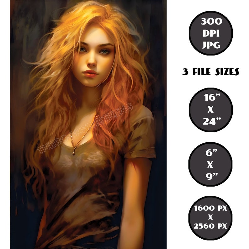 May include: A digital painting of a woman with long, flowing, red hair. She is wearing a brown t-shirt and has a necklace with a pendant. The image is 300 DPI and available in three sizes: 16x24 inches, 6x9 inches, and 1600x2560 pixels.