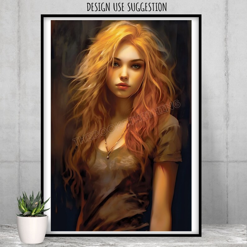 May include: A digital painting of a woman with long, flowing, golden blonde hair. She is wearing a simple, brown t-shirt and has a serious expression on her face.