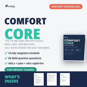 Könnte beinhalten: Ein digitaler Studienleitfaden mit dem Titel COMFORT CORE, der einen 14-Tage-Plan für Pflegestudierende enthält. Das Dokument umfasst einen gezielten 14-Tage-Zeitplan, 25 NGN-Übungsfragen sowie Schnellfeuer-Abschnitte zu ADLs, Schmerz und Haut.