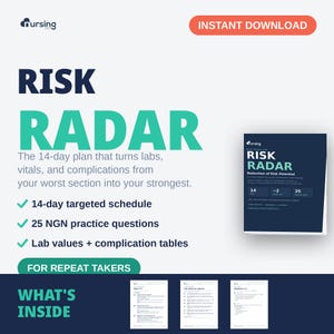 Puede incluir: Una guía de estudio digital titulada Risk Radar para estudiantes de enfermería, que incluye un programa específico de 14 días, 25 preguntas de práctica NGN, valores de laboratorio y tablas de complicaciones. Incluye portada y tres páginas.
