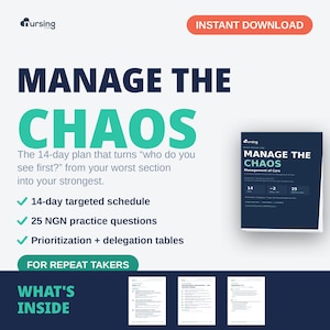 Op de afbeelding: Een digitale studiegids getiteld Manage the Chaos, met een 14-daags plan voor verpleegkundestudenten. De omslag toont de tekst 14, 25 en Management of Care. Hieronder tonen drie voorbeeldpagina's prioriteringsschema's en oefenvragen.