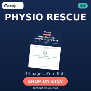 Könnte beinhalten: Ein digitales Dokument mit dem Titel PHYSIOLOGICAL ADAPTATION RESCUE von Nursing.com. Die Seite enthält einen 14-Tage-Lernplan, ein Schild-Symbol mit einem Herz und den Text 14 pages. Zero fluff. Das Dokument enthält einen Link zu nursing.com/products/nclex-prep.
