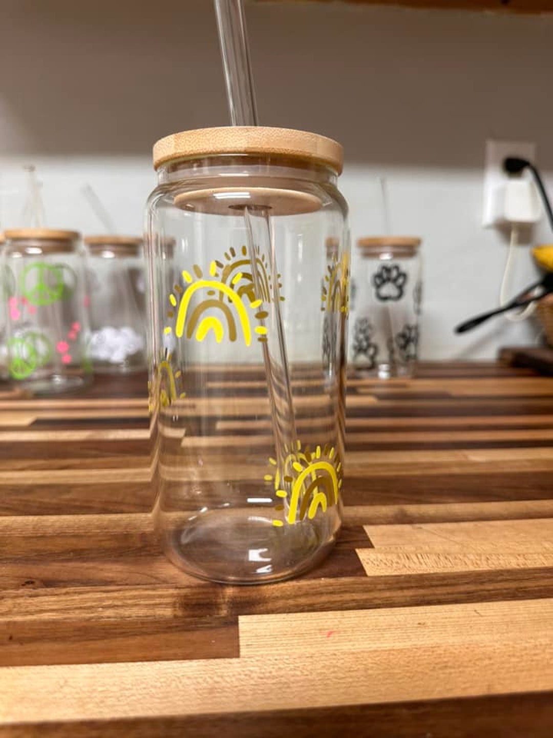 Super Cute Drinking Glass With Rainbows, Bamboo Lid and Glass Straw Etsy