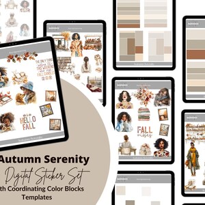 Pode incluir: Conjunto de autocolantes digitais "Autumn Serenity" com modelos de blocos de cores coordenados. O conjunto apresenta ilustrações com tema de outono, incluindo pessoas, animais e objetos decorativos. O texto "Hello Fall" e "Fall Vibes" são visíveis.