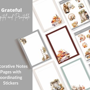 May include: A set of printable digital note pages with coordinating stickers featuring a fall theme. The stickers include images of pumpkins, gourds, a ladder, a birdhouse, a truck, and a woman with a basket of apples. The note pages have a white background with a decorative border.