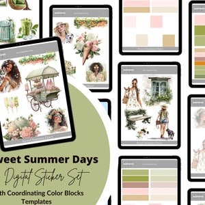May include: A digital sticker set titled "Sweet Summer Days" with coordinating color block templates. The set features watercolor illustrations of women, floral arrangements, and a vintage ice cream cart. The color palette includes soft pinks, greens, and neutrals.