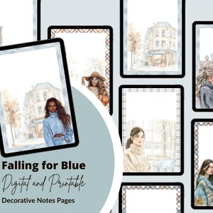 May include: Digital and printable decorative notes pages featuring illustrations of women in sweaters and autumn scenes. The text "Falling for Blue" is displayed with the words "Digital and Printable" and "Decorative Notes Pages".
