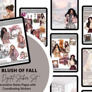 Op de afbeelding: Digitale sticker set getiteld "Blush of Fall" met decoratieve notitiepagina's en bijpassende stickers. De afbeelding toont illustraties van vrouwen in herfstkleding, Londense bezienswaardigheden en herfstthema-elementen, weergegeven op tablets.