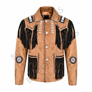 May include: A tan suede jacket with black fringe and decorative stitching. The jacket features a button-up front, two pockets, and embellishments on the shoulders and sleeves. The jacket has a classic Western or Native American design.