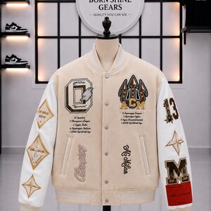 Op maat gemaakte varsity-jas, gepersonaliseerde letterman-jas, geborduurde bomberjas, streetwear-jas voor heren, jas met eigen naam en patch.
