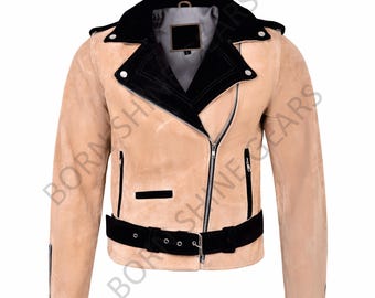 Damen-Bikerjacke aus hellbraunem Wildleder, kurzer Motorradmantel, handgefertigte Streetwear