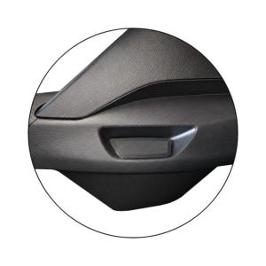 May include: A black automotive interior door panel component featuring a textured surface, a recessed handle area, and a rectangular latch release lever. The piece is constructed from molded plastic with a matte finish and contoured edges.