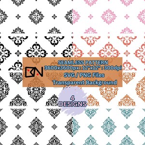 Seamless Damask Pattern Set | 4 Designs | High-Resolution SVG/PNG Files | 12"x12" 300dpi Digital Download