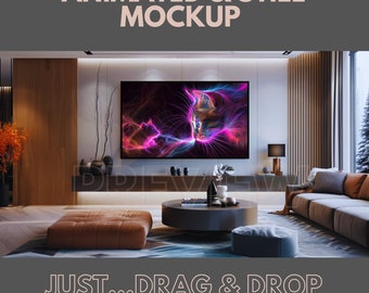 Frame TV Mockup Animated, 16x9 TV Frame Mockup, Modern Living Room Frame. Samsung Frame TV Art. Commercial use. Editable Canva Template