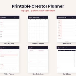 May include: A digital printable creator planner set featuring 11 pages including 90-Day Goals, Monthly Content Calendar, Weekly Content Plan, Video Planner, Idea Brainstorm, and Brand Deals & Income sheets with dark headers and light backgrounds.