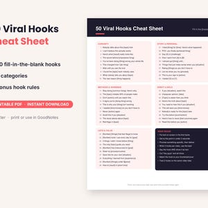 May include: A digital cheat sheet titled 50 Viral Hooks Cheat Sheet featuring 50 fill-in-the-blank hooks organized into five categories including Curiosity, Story & Personal, Mistakes & Warnings, Direct & Bold, and Lists & Value, plus bonus hook rules.