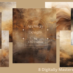 May include: Eight digitally mastered backdrops in warm brown, beige, and gray tones. The backdrops feature a textured, abstract, watercolor-like design. The text "Archway Designs by CFC Studios" is displayed on one of the backdrops.