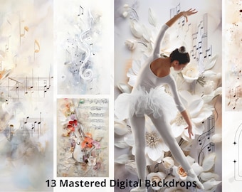 Könnte beinhalten: Eine Collage aus 13 digitalen Hintergründen mit einer Ballerina in einem weißen Tutu, weißen Blumen und Noten. Der Text "Archway Designs by CFC Studios" befindet sich in der unteren rechten Ecke.
