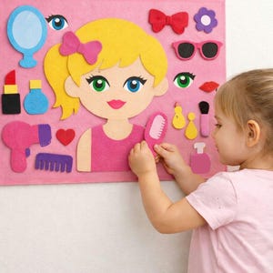 Patrón de peluquería de muñecas de fieltro (PDF) - Actividad Montessori de tablero tranquilo - Tablero de actividades de maquillaje y peluquería para niños pequeños - Descarga digital