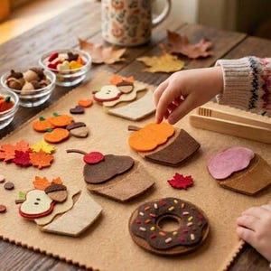 Peut inclure: Un tapis de jeu en feutrine beige présentant diverses formes en feutrine sur le thème de l'automne, notamment des citrouilles, des glands, des feuilles, des cupcakes et un beignet. Des bols en verre contiennent des pièces en feutrine.