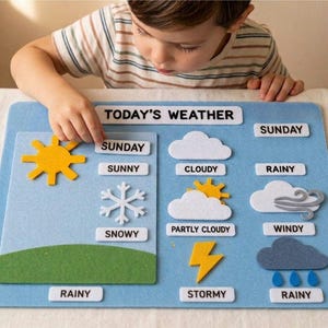 Peut inclure: Un tableau météo en feutrine bleu clair avec le texte TODAY'S WEATHER. Il comprend des icônes amovibles en feutrine, notamment un soleil jaune, des nuages blancs, un flocon de neige blanc, un éclair jaune et un nuage de pluie gris foncé.
