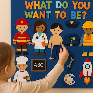 Puede incluir: Un tablero de fieltro azul con el texto "WHAT DO YOU WANT TO BE?" presenta recortes de fieltro de varias profesiones, incluyendo un bombero, un médico, un chef y un astronauta. La mano de un niño interactúa con el tablero.