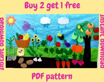 May include: A felt garden scene with a blue sky background, featuring a sun, clouds, and various vegetables and fruits. The scene includes a tree, a watering can, and the text "Buy 2 get 1 free" and "Instant download".