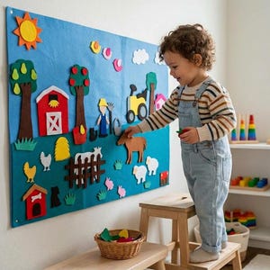 May include: A large blue felt wall hanging featuring a farm scene with a red barn, green trees, a yellow sun, white clouds, and various felt animal shapes including a horse, sheep, and chickens, designed for interactive play and learning.
