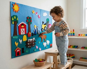 May include: A large blue felt wall hanging featuring a farm scene with a red barn, green trees, a yellow sun, white clouds, and various felt animal shapes including a horse, sheep, and chickens, designed for interactive play and learning.