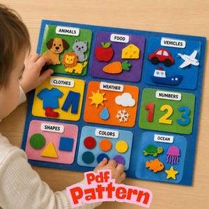 Può includere: Una tavola di apprendimento in feltro blu con nove sezioni etichettate con varie forme in feltro, tra cui animali, cibo, veicoli, vestiti, meteo, numeri, forme, colori e vita oceanica. La tavola include etichette di testo per ogni categoria.