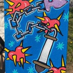 May include: A vibrant painting on canvas featuring stylized hearts with yellow spikes, connected by a silver chain, set against a bright blue background. A purple shape and a white and brown object are also present, with turquoise star-like accents.