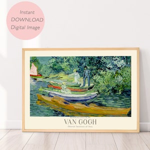 May include: A painting by Vincent van Gogh titled "Road of the Olive Trees at Auvers", July 1890. The painting depicts a river scene with boats and people in a landscape of green trees. The painting is from the Detroit Institute of Arts.