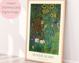Digital print, Gustav Klimt art, Printable wall art, Farm garden with sunflowers by Gustav Klimt, Digital poster, Instant download image