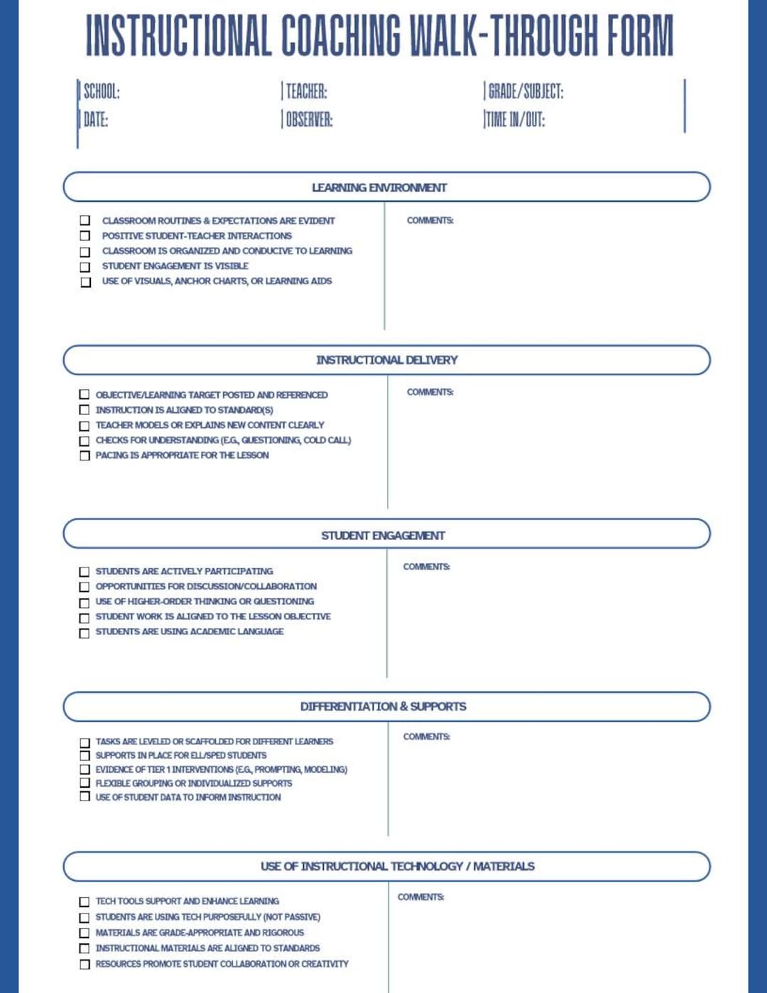Instructional Coaching Walkthrough Form Digital Pdf Goodnotes