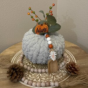 May include: A gray knitted pumpkin with a wooden sign that says "Pumpkin Spice" and a wooden scoop. The pumpkin is decorated with a wooden sign that says "Autumn" and a garland of white and orange beads. The pumpkin is sitting on a wooden table with a brown and white beaded garland.