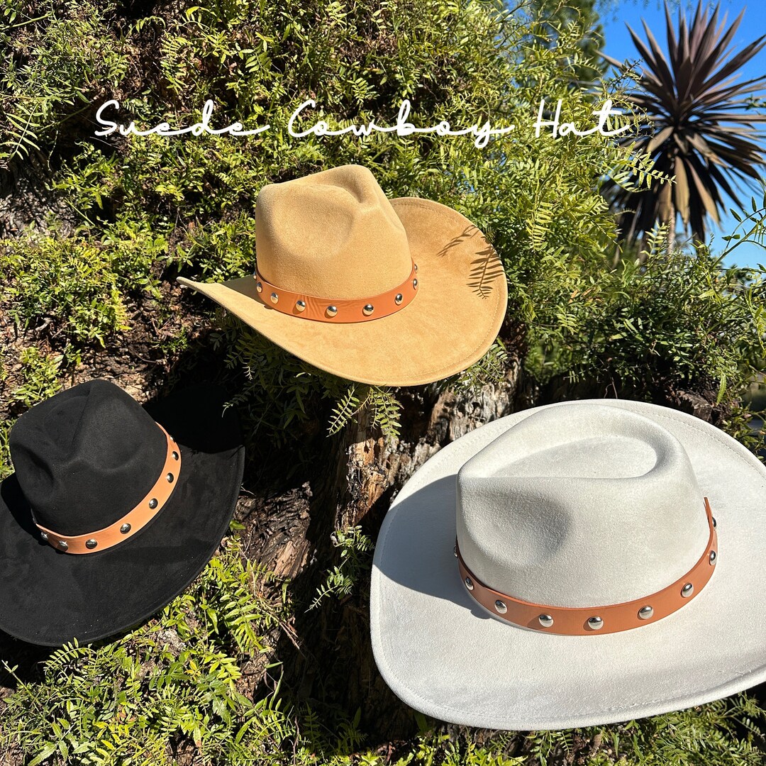 Vegan Suede Cattleman Cowboy Hat. Belt Buckle With Vegan Leather. Wide