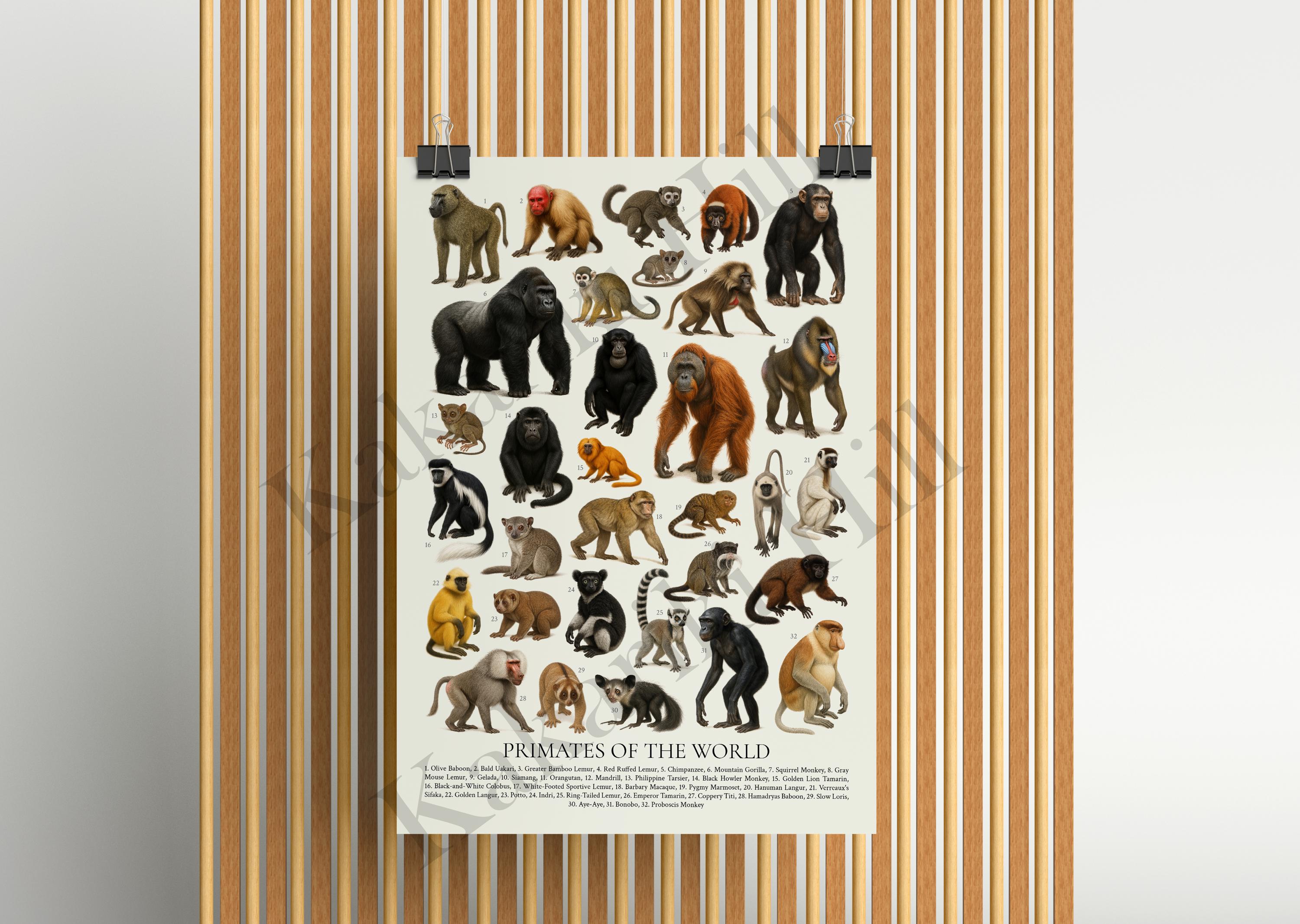Primates of the World Poster: Retro Wildlife Illustration