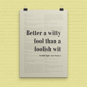 Meglio un pazzo spiritoso. Poster/tela di Shakespeare della dodicesima notte premium. Citazione di William Shakespeare. Arte tipografica per la biblioteca domestica. Topo di biblioteca