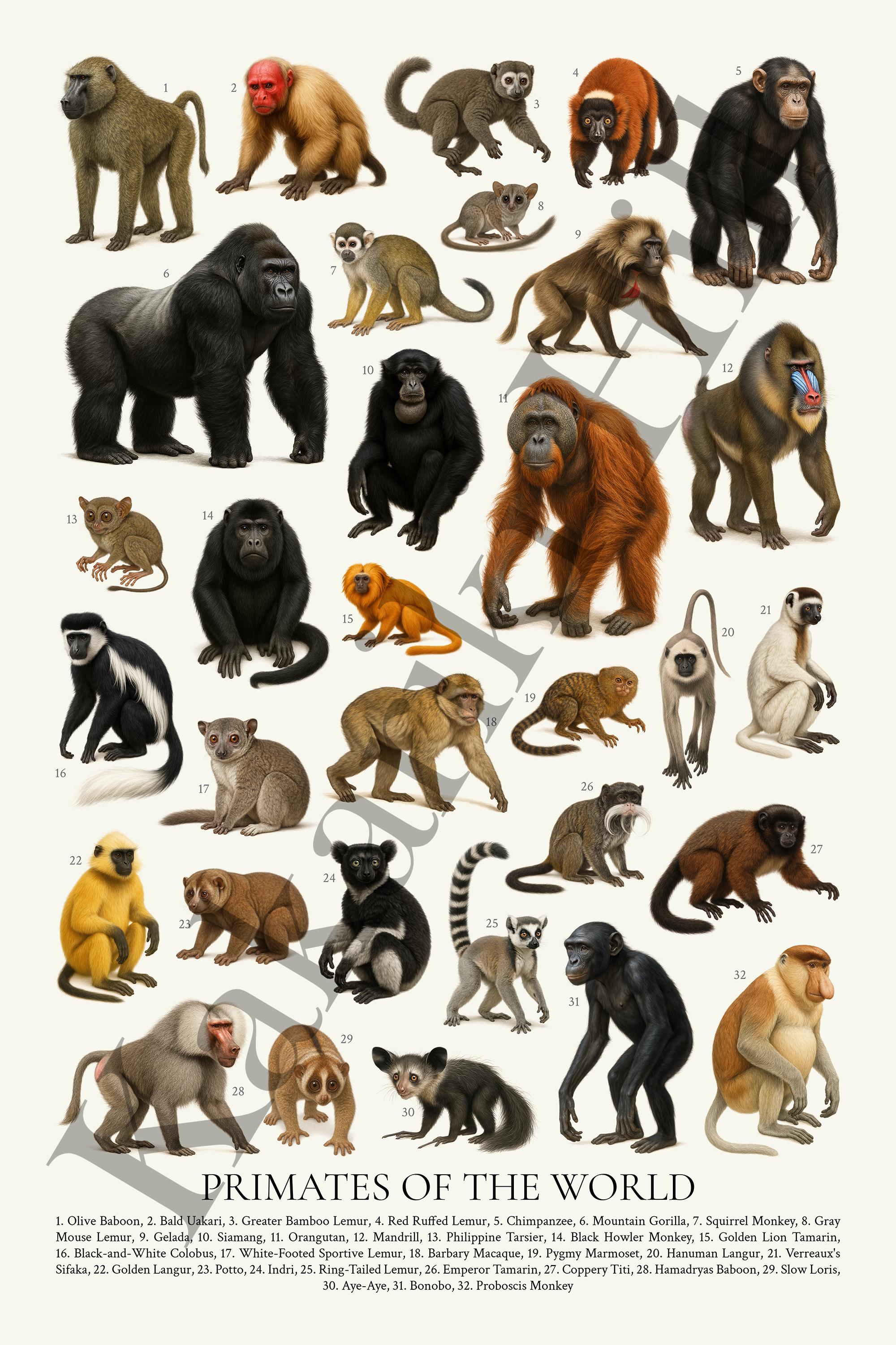 Primates of the World Digital Download: Retro Wildlife Identification ...