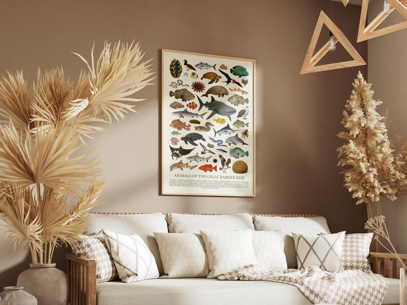 Op de afbeelding: Een ingelijste poster getiteld "ANIMALS OF THE GREAT BARRIER REEF" toont kleurrijke illustraties van verschillende zeedieren. De poster hangt boven een cr&egrave;mekleurige bank met sierkussens en een deken. De kamer is gedecoreerd met gedroogde planten.