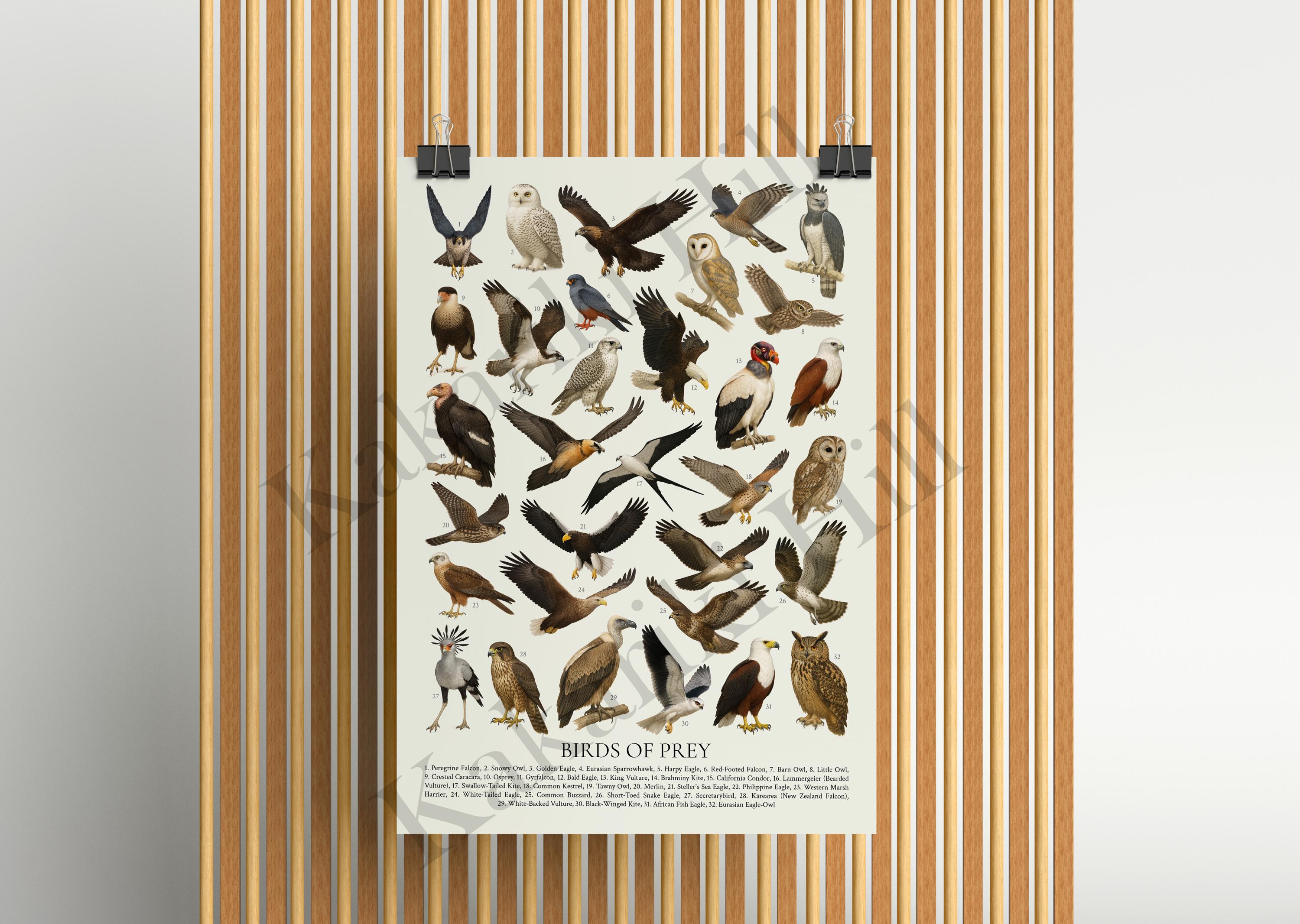 猛禽類ポスター：レトロな鳥類学教育用識別チャート - Etsy 日本