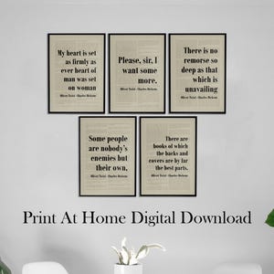 May include: Five framed prints with quotes from Oliver Twist by Charles Dickens. The quotes are in black text on a beige background. The bottom of the image reads "Print At Home Digital Download."