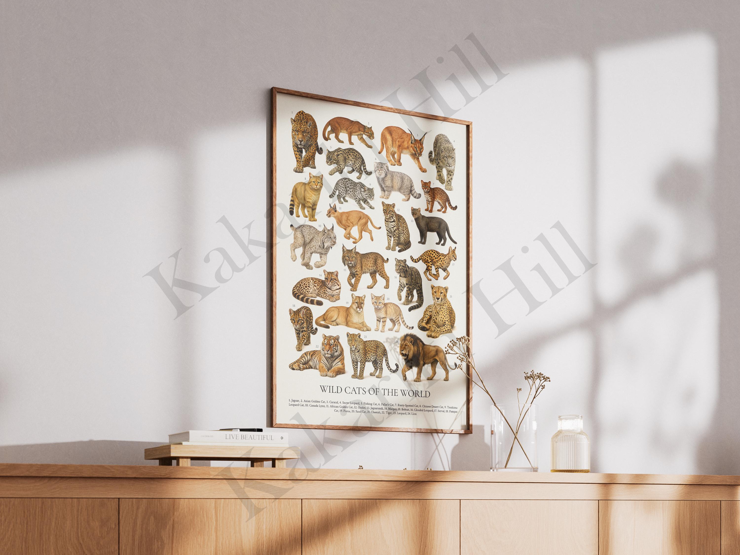 Wild Cats of the World Poster: Retro Animal Identification Chart