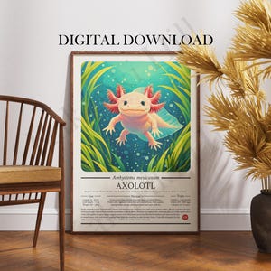 May include: A digital download wall art print featuring a pink axolotl swimming in blue water with green aquatic plants. The poster includes the text Ambystoma mexicanum, AXOLOTL, and detailed scientific information about the species.