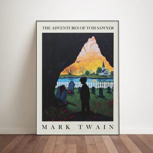 May include: A framed poster featuring an illustration from "The Adventures of Tom Sawyer" by Mark Twain. The artwork depicts a silhouette of a boy in a graveyard, with a church and sunset in the background. The poster has a black frame.