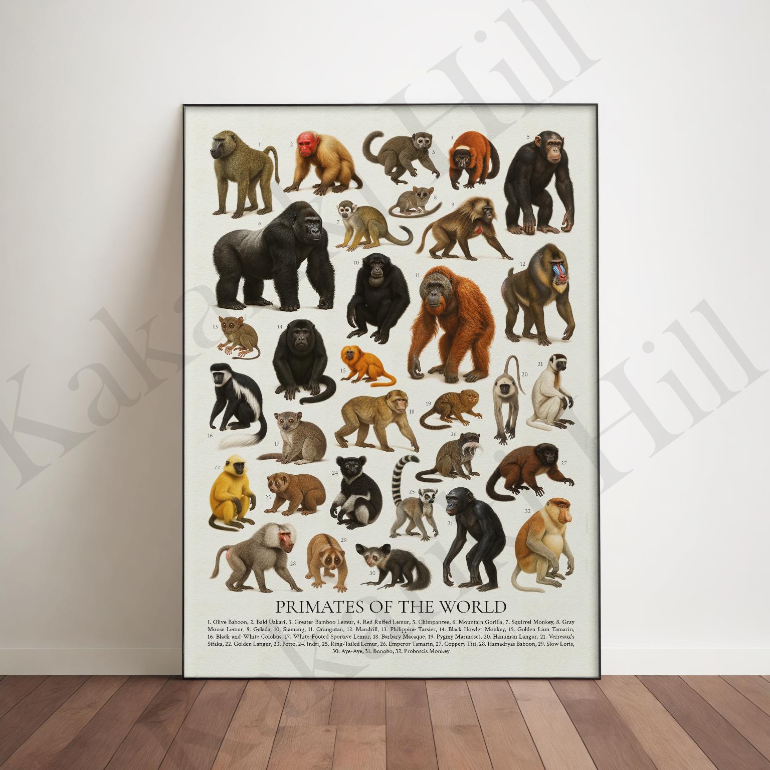 Primates of the World Poster: Retro Wildlife Illustration